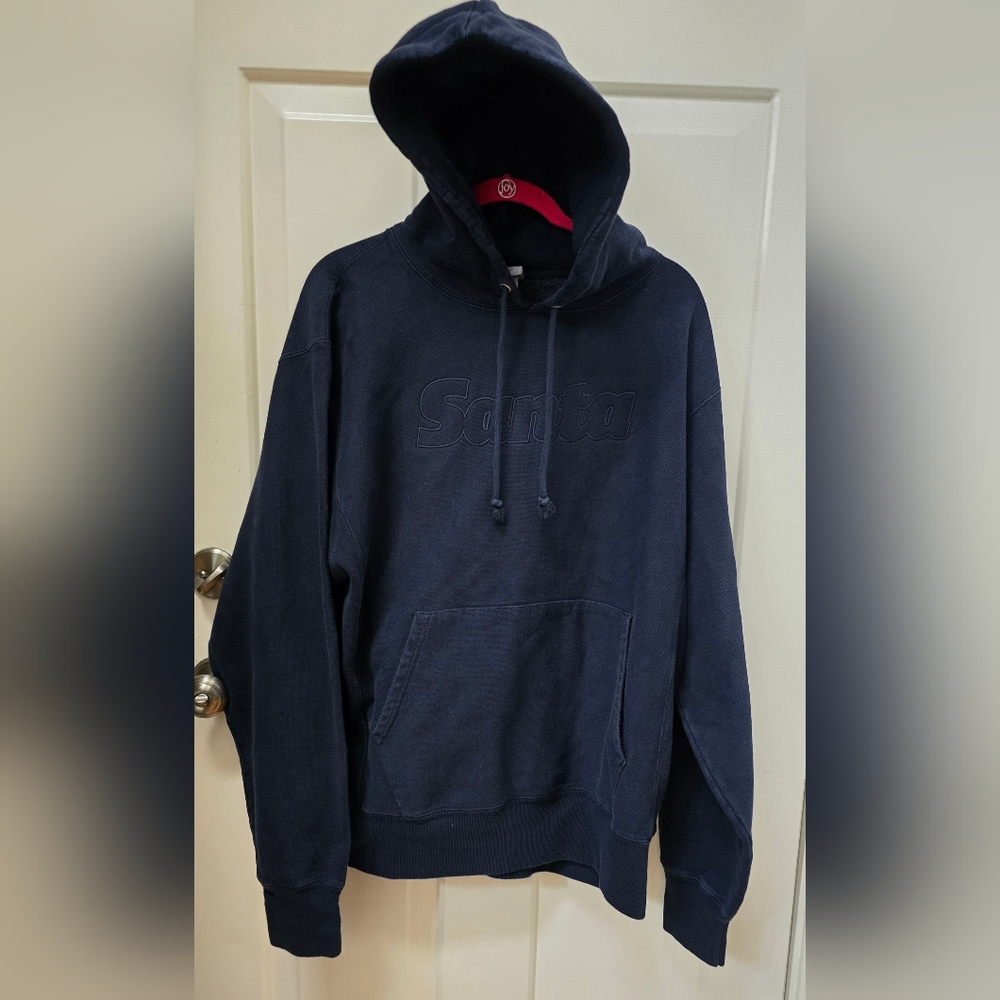 NWOT Champion Navy Blue Hoodie Reverse Weave w/ word "Santa" embroidered-Lar…